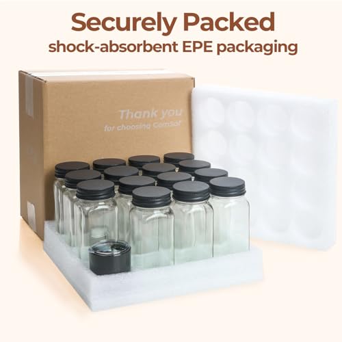 ComSaf 15Pcs 4oz Glass Spice Jars with Shaker Lids, 93 Labels, a Handy Funnel, a Pepper Grinder, Empty Spice Containers and Square Spice Bottles for Kitchen and Seasoning - color: 4oz*15 Metal Lids