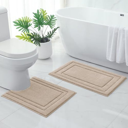 HOMEIDEAS Bathroom Rugs Sets 2 Piece, Super Soft and Absorbent Non Slip Microfiber U-Shaped Toilet Bath Mat Set (20"x32"+U20 x24, Beige) - color: Loop- Beige, size: 1'8" x 2'8" (20"x32"+U Shape 20"x24")