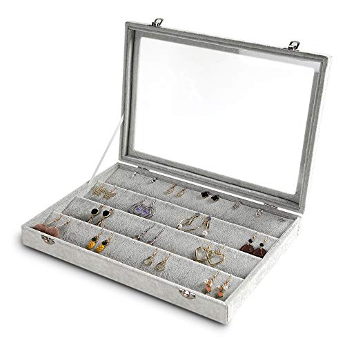 Frebeauty64 Slots Earring Organizer,Velvet Jewelry Tray with Clear Lid | Velvet Lining,Dustproof,Lockable,Drawer Jewelry Organizer,Earring Storage for Studs,Jewelry Display Case,Glass Lid - color: Grey, size: 64 Slots
