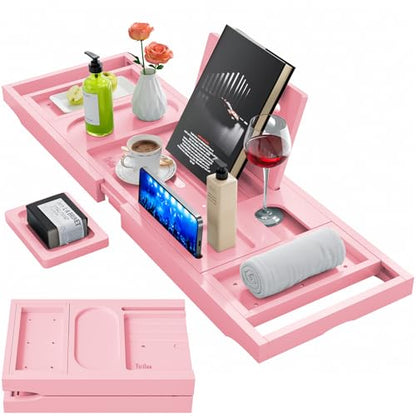 Premium Bathtub Tray Caddy, Expandable Bath Tray, Unique House Warming Gifts, New Home, Anniversary and Wedding Gifts for Couple, Pink - color: Pink