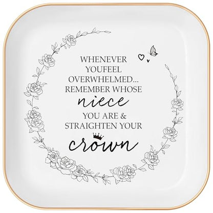 Niece Gifts from Auntie – Jewelry Dish, Ceramic Ring Tray with Inspirational Quote, “Whenever You Feel Overwhelmed Remember Whose Niece You Are”, Encouraging Gifts from Aunt for Birthday or Graduation - color: Gold trim-Niece