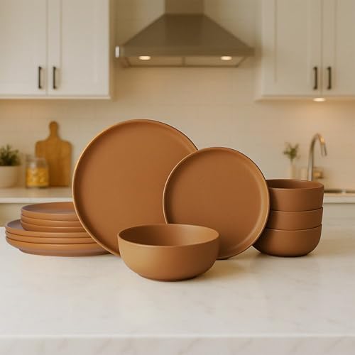 12-Piece Stoneware Dinnerware Set with Mugs | Microwave and Dishwasher Friendly | Stackable Matte Glaze Plates & Bowls | Service for 3 (Orange for 4) - color: Orange for 4