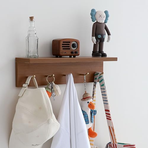 Marine Plywood Wall Mounted Coat Rack with Shelf & Key Hooks, 5 Brass Hooks Entryway Organizer, Modern Floating Shelf for Bedroom Hallway, Space-Saving Home Storage Rack (1, Teak Finish) - color: Teak Finish