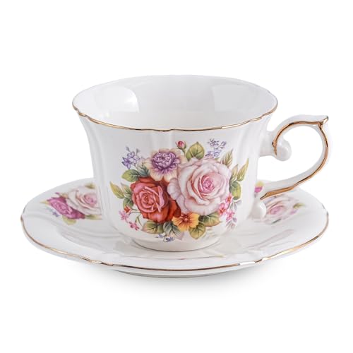 Ceramic Floral Cups with Saucers，7 oz Espresso Cups for Latte Coffee Cafe, Cappuccino and Tea(1, Rose) - color: Rose