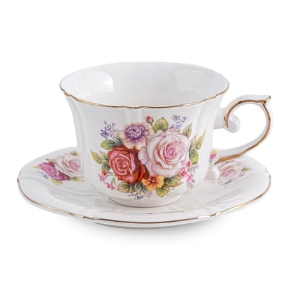 Ceramic Floral Cups with Saucers，7 oz Espresso Cups for Latte Coffee Cafe, Cappuccino and Tea(1, Rose) - color: Rose