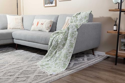 Flower Organic Cotton Turkish Throw Blanket, Muslin - Olive | Thin, Soft, Lightweight, Breathable Gauze Weave, Green and White Reversible Floral Print, for Sofa, Chair, Couch, 65" x 65" - color: Olive Whimsy