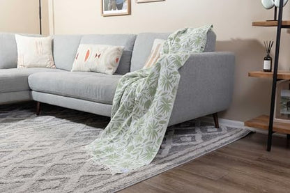 Flower Organic Cotton Turkish Throw Blanket, Muslin - Olive | Thin, Soft, Lightweight, Breathable Gauze Weave, Green and White Reversible Floral Print, for Sofa, Chair, Couch, 65" x 65" - color: Olive Whimsy