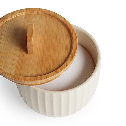 Salt Cellar Keeper with Bamboo Lid, 14oz Big Capacity Ceramic Sugar Bowls Pepper Box, Crackle Glaze Seasoning Container Condiment Pot for Kitchen, (Cream Color), 4″×4″ - color: Cream