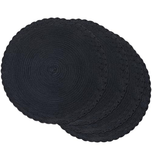 SHACOS Round Placemats Set of 4 Boho Braided Border 15 inch Circle Place Mats Washable Fabric Table Mats for Kitchen Dining Table, Black - color: Black, size: 4 pieces