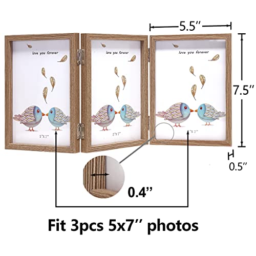 WUTL 3 Picture Frame Triple Collage 5x7 Frames with Real Glass Wood Grain | Trifold Photo Frame, Hinged Foldable, Crystal Clear Real Glass - color: Wood Grain, size: 5x7