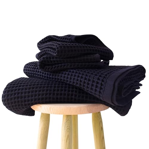 PÜSKÜL Natural 100% Turkish Cotton Waffle Towels Set for Bathroom (4-Piece) | Black, Large Size 2 Hand and 2 Bath Towel, Quick-Dry Soft Absorbent Premium 3D Honeycomb Weave, Oeko-Tex Made in Turkey - color: Black