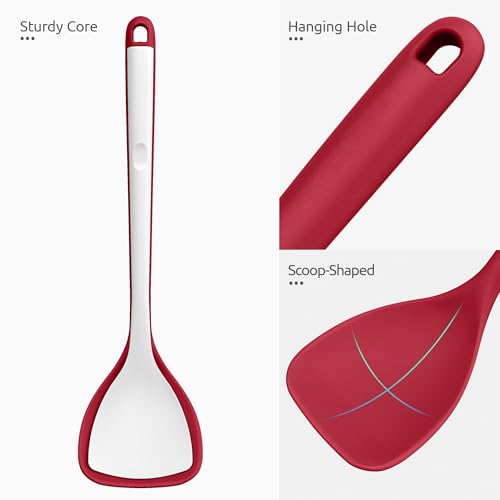 U-Taste 600ºF High Heat 16in Silicone Kitchen Tong and 600ºF Heat Resistant 13.76" Long, 3.63" Wide Wok Spatula for Kitchen Stir Fry (Red)