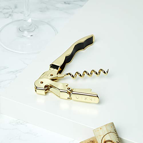 Viski 24k Gold Plated Signature Double Hinged Waiter's Corkscrew Wine Opener, Stainless Steel with Built-in Bottle Opener & Foil Cutter for Home Bar, Kitchen, Travel, Gifts for Wine Lovers, Set of 1 - style: Standard