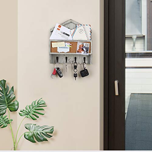 J JACKCUBE DESIGN Wall Mounted Rustic White Wash Mail and Key Holder, Wooden Floating Organizer with Mail Storage, 4 Key Holders and Pin Board for Entryway, Mud Room, Living Room, Office-MK623A