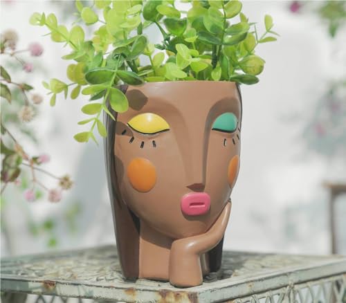 Saysmile Face Planter Pots for Indoor Plants, Resin Head Planter Succulent Planter Flower Planter Cute Girl Head Pots with Drainage Hole - Painted Thinking Girl Closed Eyes - color: Thinking - Painted