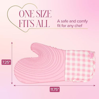 Paris Hilton Oven Mitt Set with Limited Edition Pink Gingham Design, Heat Resistant Pot Holders Featuring Non-Slip Textured Silicone Grips, 2-Piece Set, Pink - style: Pink Gingham