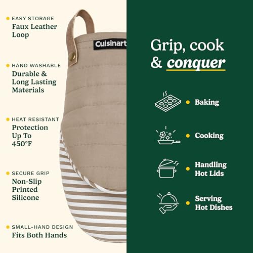 Cuisinart Mini Oven Mitts, 2-Pack 5.5"x8", Printed Silicone, 450F | Non-slip grip stripes, faux leather hang loop, cotton lining for comfort, ambidextrous for baking, cooking, and cast iron - color: Beige