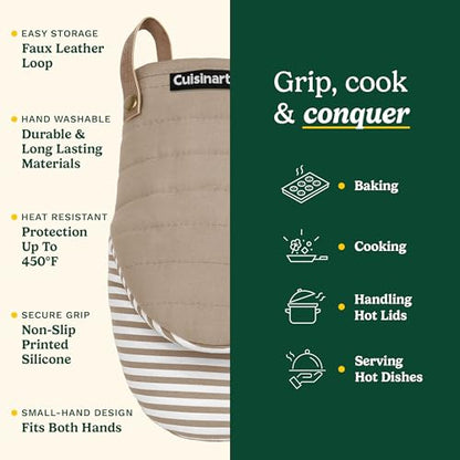Cuisinart Mini Oven Mitts, 2-Pack 5.5"x8", Printed Silicone, 450F | Non-slip grip stripes, faux leather hang loop, cotton lining for comfort, ambidextrous for baking, cooking, and cast iron - color: Beige