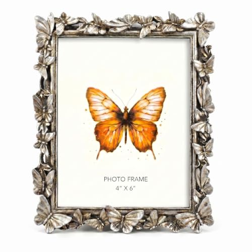 Silver 4X6 Vintage Picture Frames Golden Palm Butterfly Elegant Retro European Design,Antique Picture Frame for Tabletop Stand or Wall Hanging - color: Silver, size: 4X6