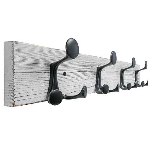 SKOLOO 24-Inch Wood Coat Rack Wall Mount with 4 Triple Hooks - Ideal for Family Entrances, Classrooms, and Pet Supplies Storage - Perfect Coat Hooks for Wall,Distressed White Wash - color: Distressed White Wash, size: 24 inch with 4 hooks