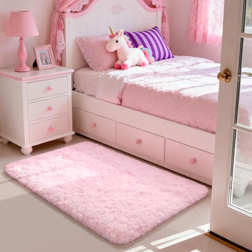 Soft Modern Indoor Shaggy Area Rug for Bedroom Livingroom Dorm Kids Room Home Decorative, Non-Slip Plush Fluffy Furry Fur Rugs Comfy Nursery Accent Floor Carpet 2x3 Feet, Pink - color: Pink, size: 2' x 3' (Rectangular)