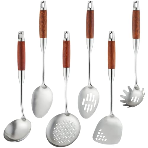 Izurok 18/10 Stainless Steel Kitchen Utensils Set,6 Piece Cooking Utensils With Wood Handle,Heat Resistant Kitchen Tool Set With Spatula, Spoon, Ladle, Skimmer, Slotted Spoon, Pasta - color: SILVER-6 Pieces, size: Large