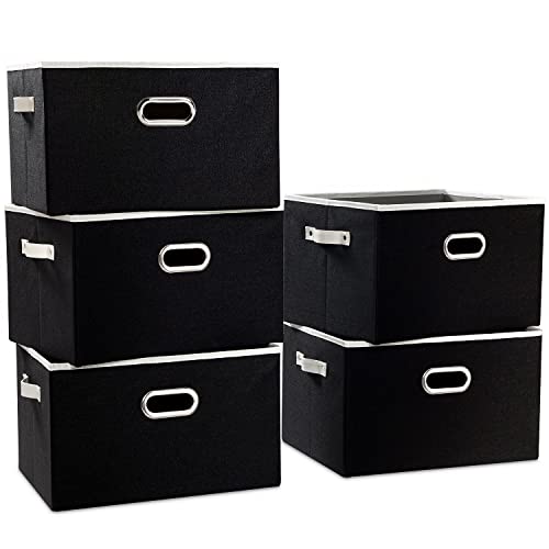 Larger Collapsible Storage Bins for Closet [5-pack] Decorative Linen Fabric Storage Baskets Cubes with Leather/Metal Handles for Living Room Black (17.3x12.2x10.4 Inch) - color: Black, size: Jumbo(5-Pack)
