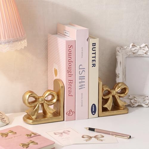 SiliFine 2 Pcs Gold Bow Bookends Cute Resin Bookends Heavy Duty Decorative Book Stand Decor Sculpture Statues Tabletop Shelf Ornament for Desk Home Office Decoration Teacher Back to School Gifts
