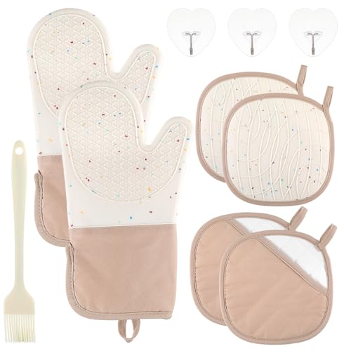 10 Pcs Kitchen Oven Mitts and Potholders Set with Hook and Oil Brush, Cooking Mittens Heat Resistant 500°F Silicone Oven Mittens for Kitchen Baking Cooking BBQ (Cream)