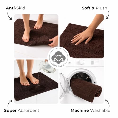 Akiko 100% Cotton Bath Mat, Soft Plush Reversible Bathroom Rug 20x32 Brown | Bath Mats for Bathroom Absorbent Quick Dry Anti-Skid Machine Washable Bath Mats for Bathroom Shower Bathtub - color: Chocolate