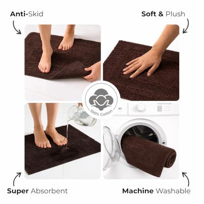 Akiko 100% Cotton Bath Mat, Soft Plush Reversible Bathroom Rug 20x32 Brown | Bath Mats for Bathroom Absorbent Quick Dry Anti-Skid Machine Washable Bath Mats for Bathroom Shower Bathtub - color: Chocolate