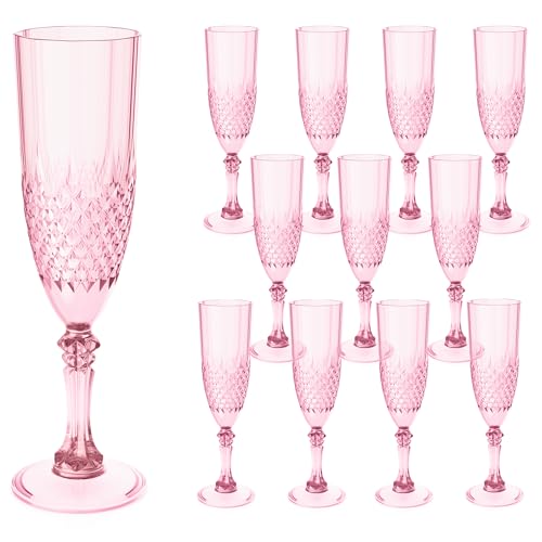 12 Pack Plastic Champagne Flutes, Pink Reusable Champagne Glass | Unbreakable Hard Plastic Mimosa Cups Bulk with Stem, Fancy Stemware for Wedding, Party & NYE Celebration - color: Pink