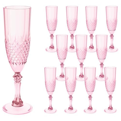 12 Pack Plastic Champagne Flutes, Pink Reusable Champagne Glass | Unbreakable Hard Plastic Mimosa Cups Bulk with Stem, Fancy Stemware for Wedding, Party & NYE Celebration - color: Pink