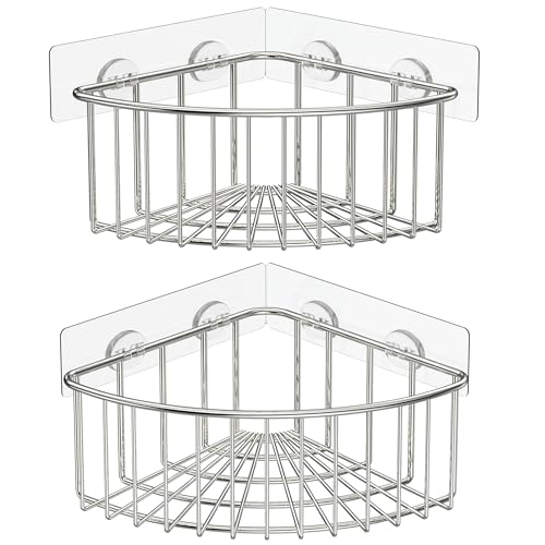 SMARTAKE 2-Pack Corner Shower Caddy Deep Basket, SUS304 Stainless Steel | Wall Mounted Bathroom Shelf with Adhesive, Storage Organizer for Toilet, Dorm and Kitchen , Silver - color: 01-silver, size: 8.7 X 8.7 X 3.9 Inches