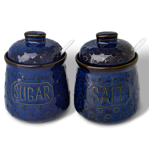 GDCZ 10 Oz Ceramic Salt and Sugar Bowls Set with Lid and Spoons (Blue) | Convenient Set of 2 for Kitchen, Includes Lids & Matching Spoons, 10oz Capacity, Embossed Pots - color: Blue