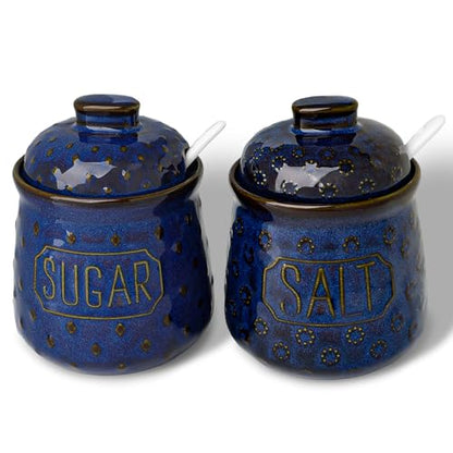 GDCZ 10 Oz Ceramic Salt and Sugar Bowls Set with Lid and Spoons (Blue) | Convenient Set of 2 for Kitchen, Includes Lids & Matching Spoons, 10oz Capacity, Embossed Pots - color: Blue