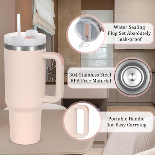 4 Pack 40 Oz Tumbler with Handle Bulk, Double Wall Vacuum Insulated Stainless Steel Tumbler with Lid and Straw, 40 oz cup with Silicone Spill Proof Stopper Set (Rose Quartz) - color: Rose Quartz