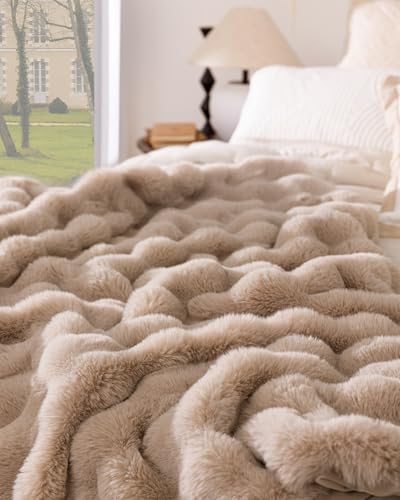Ultra Soft Cozy Faux Fur Throw Blanket, Fuzzy Plush Thick Bubble Blanket, Oversize Luxury Fluffy Blanket for Couch, Sofa, Bedroom, and Living Room, 50x60 Inches, Light Brown - color: Bubble Light Brown, size: Throw