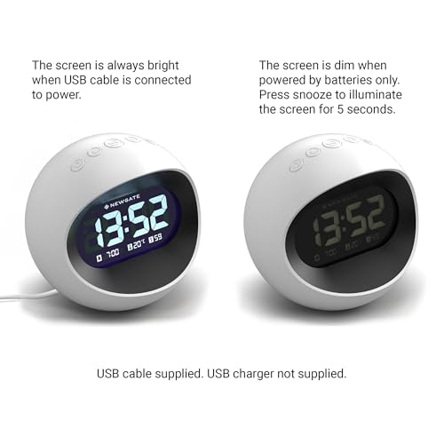 NEWGATE® Centre of the Earth Alarm Clock | Round Retro Digital LCD Clock | White | Ideal for Bedside, Desk or Shelf | Retro Bedroom & Office Accessory - color: White