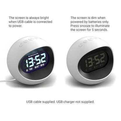 NEWGATE® Centre of the Earth Alarm Clock | Round Retro Digital LCD Clock | White | Ideal for Bedside, Desk or Shelf | Retro Bedroom & Office Accessory - color: White