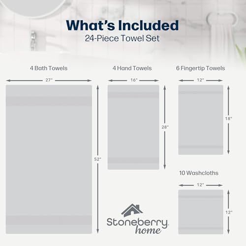 24-Piece Set of Towels, Lightweight 380 GSM Cotton Towels, Quick Drying, Absorbent Hand Towels, Fingertip Towels, Bath Towels, & Washcloths, Grey - color: Grey