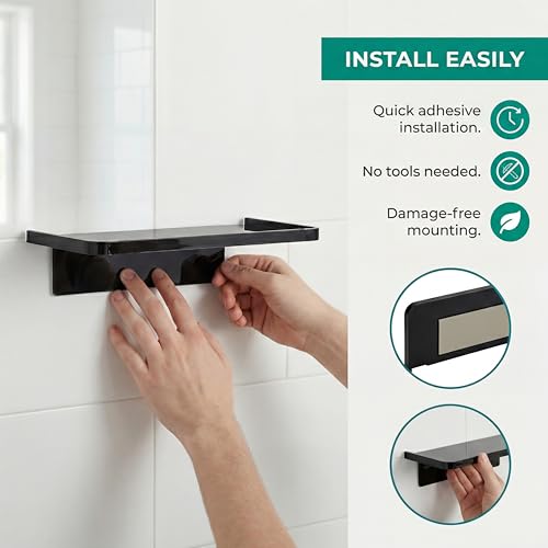 EHKIT Small Floating Shelf Heavy Acrylic Adhesive Stick on Sticky Strips/Nail Screws Wall Mount Bathroom Organizer Wipes Phone Glasses Essential Oil Perfume (Black) - color: Black