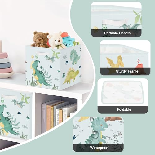 Clastyle 11.8" Dinosaur Storage Basket Set of 3 for Kid Boy Toy Clothes Bin | Collapsible Fabric Book Bin, Metal Frame Bottom Board, Cube Organizer, Closet Nursery Pantry Shelf Bedroom, Green Volcano - color: Volcanoes