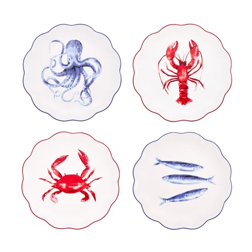 Bico Ocean Wonders Scalloped Salad Plates Set of 4, 8.75 Inch Ceramic Dessert Plates for Salad, Appetizer, Side Dishes, Microwave and Dishwasher Safe, Gift for Housewarming and Christmas - color: Ocean Creatures