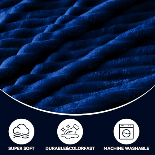 Nookly Navy Twin Size Fleece Blanket, Soft Lightweight Ribbed Plush Bed Blanket, Cozy All-Season Striped Fleece Twin Throw for Bedroom and Home, 60x80 Inches - color: Navy, size: Twin(60"x80")