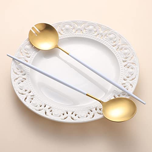 Salad Servers,Spoon and Fork Set 11.41 inch,18/10 Stainless Steel Salad Serving Titanium Plating (White gold) - color: White/Gold