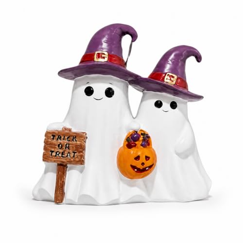 Halloween Ghost Figurines, Cute Spooky Double Ghost Statue with Purple Hat, Bucket Pumpkin, Trick or Treat Sign, Desk Ornament for Home Office Shelf Mantel Decor - color: 124-purple Hat Ghost