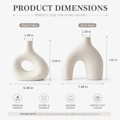 White Ceramic Donut Vase Set of 2, Modern Boho Table Decor | Ideal for mantels, consoles, dining tables, entryways, bedrooms, offices, shelves, coffee tables and nightstands.