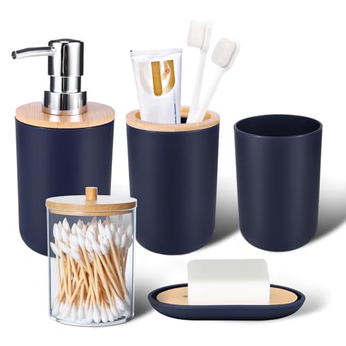 Bathroom Accessories Set 5Piece Navy Blue Bathroom Sets, Toothbrush Holder, Toothbrush Cup, Lotion Soap Dispenser, Soap Dish and Qtip Holder Bathroom Decor - style: Navy Blue