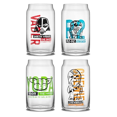 JoyJolt Star Wars Now Playing Collection Tumblers, 16.9oz Classic Can Shape Glass Tumbler Set of 4 w/Glass Straws - style: Star Wars